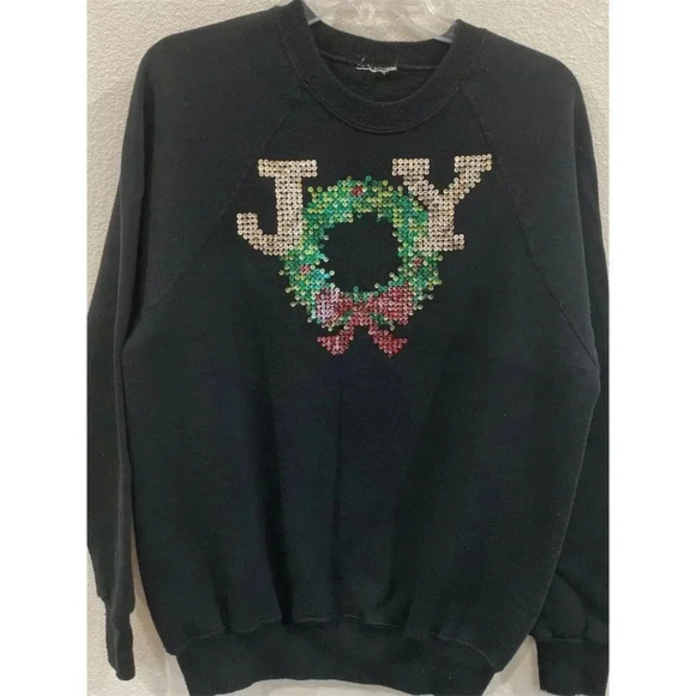 Vintage JOY Women's L Black Christmas sequenced Sweatshirt Long Sleeve